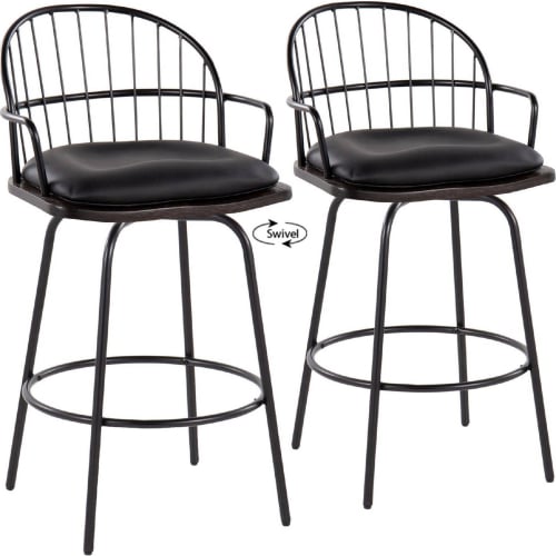 Riley 26" Swivel Counter Stool in Black Metal, Dark Walnut Wood & Black Leatherette (Set of 2)